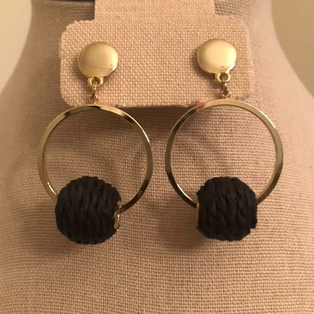 Raffia Ball and Hoop Earrings | Black and Gold | 2” Drop